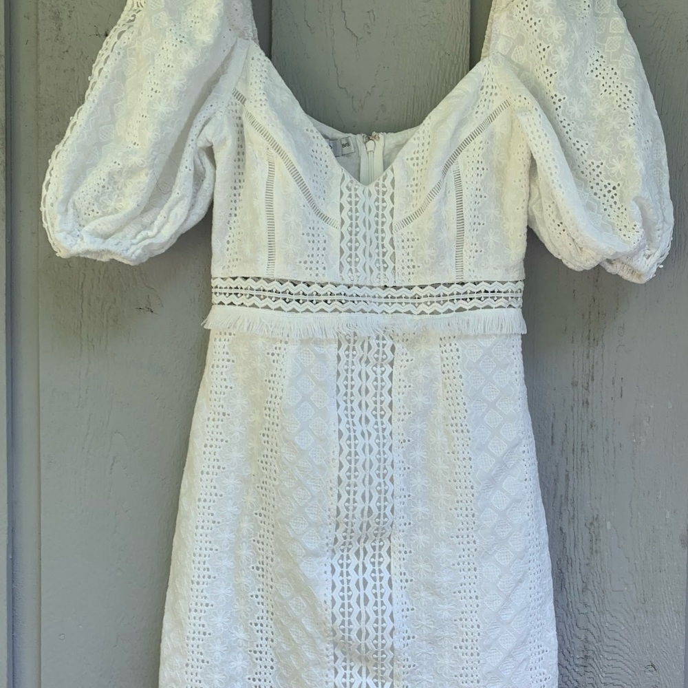 ESTHER White Lace Puff Sleeve Lined Mini Dress Sz S/8 Elegant Eyelet - Picture 16 of 16